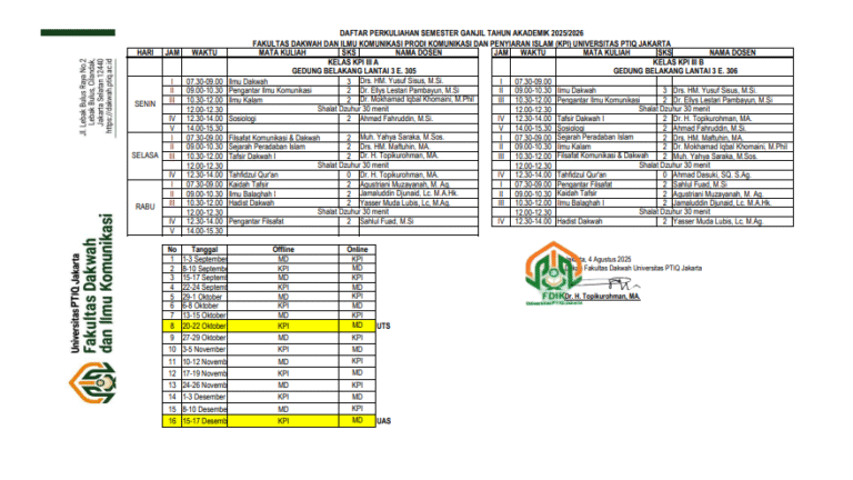 Jadwal Kuliah Semester Ganjil 2025-2026