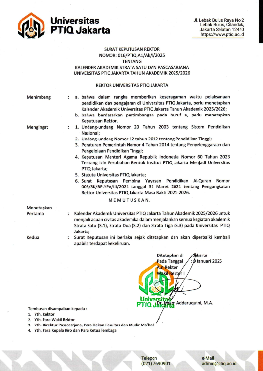 SK Kalender Akademik Universitas PTIQ Jakarta TA 2025-2026