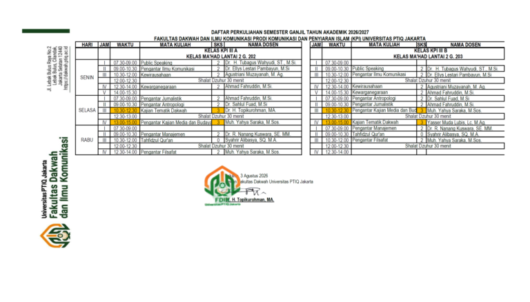 Jadwal Kuliah Semester Ganjil 2026-2027