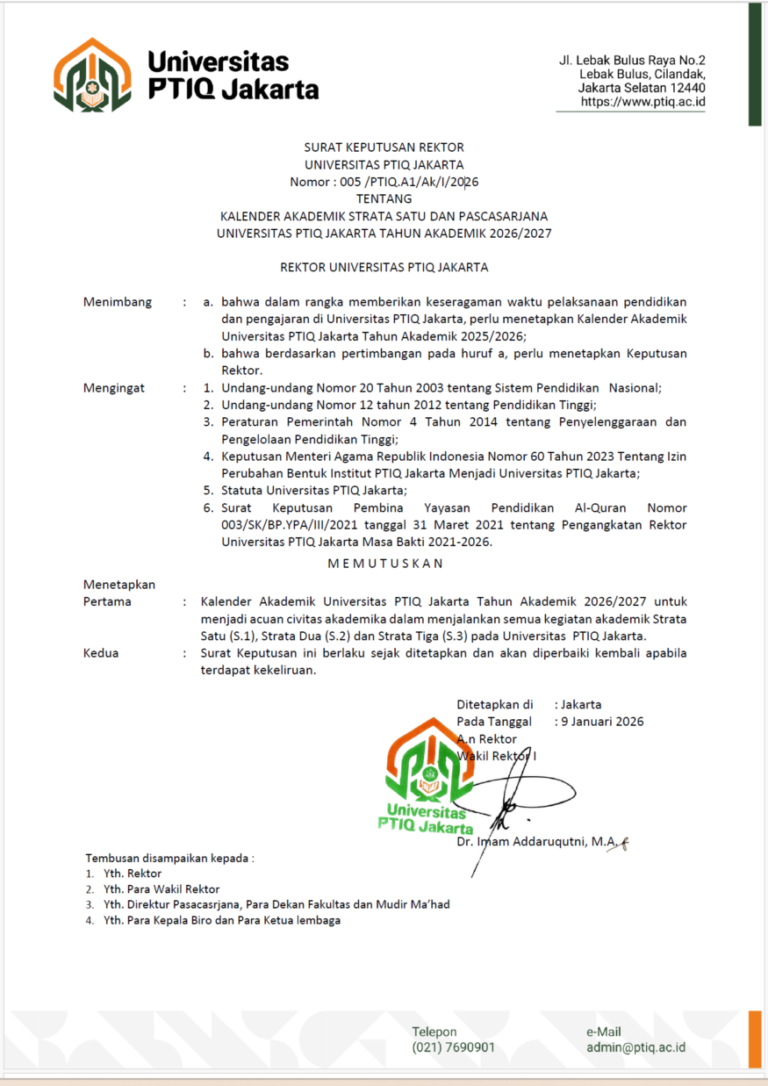 SK Kalender Akademik Strata Satu dan Pascasarjana Universitas PTIQ Jakarta TA 2026-2027